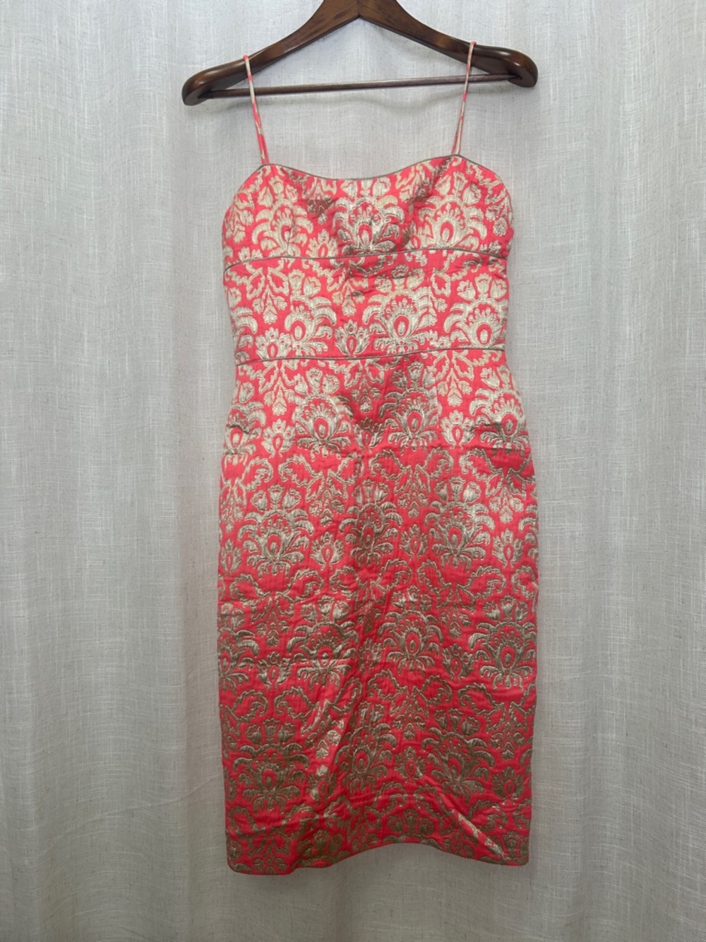 David Meister Coral and Gold Brocade Spaghetti Strap Dress Size 10